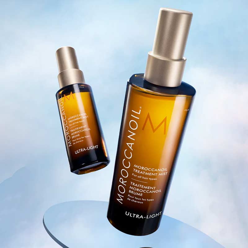 Moroccanoil Treatment Mist Before And After Results On Blonde Hair Ad Image Of Both Sizes Of The Product