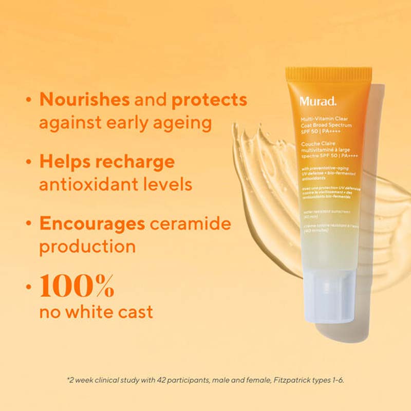 Murad Environmental Shield Mutli-Vitamin Clear Coat Broad Spectrum SPF 50 Key Benefits Infographic