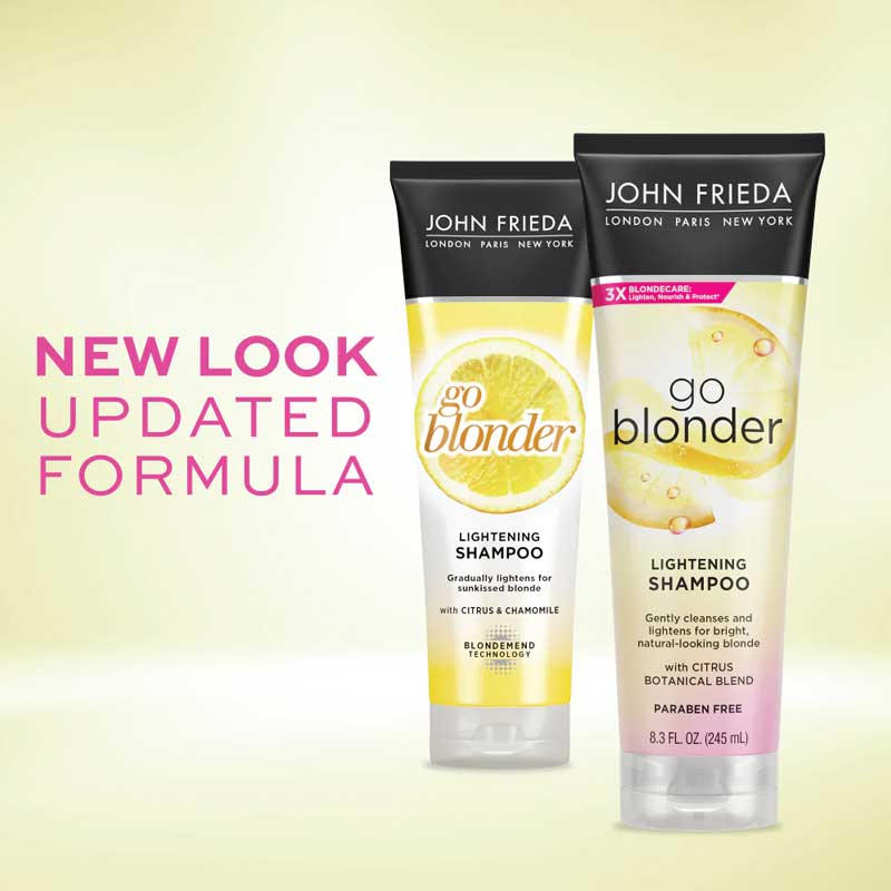John Frieda Sheer Blonde Go Blonder Shampoo | sun-kissed color | strengthening | toning | neutralizes | prevents brassiness | protection | enhanced | shine | must-haves | deliver | lightest | brightest | ultimate-best 