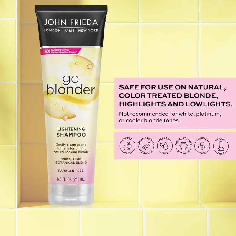 John Frieda Sheer Blonde Go Blonder Shampoo | vegan | cruelty free | paraben free | phthalate free | amonia free | silicone free | blonde | cleanse | brighten | luminous 