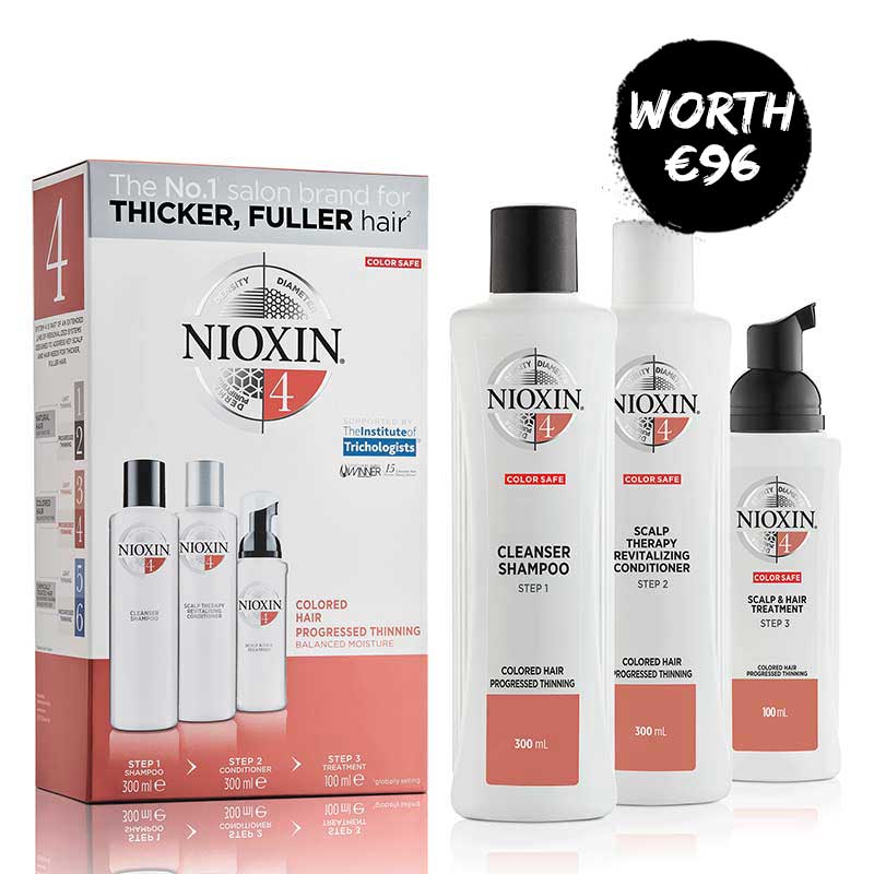 Nioxin | System 4 | Three Part | Loyalty Kit | coloured hair | thinning | hair thickening | full size | fuller hair | conditions | hair growth | caring