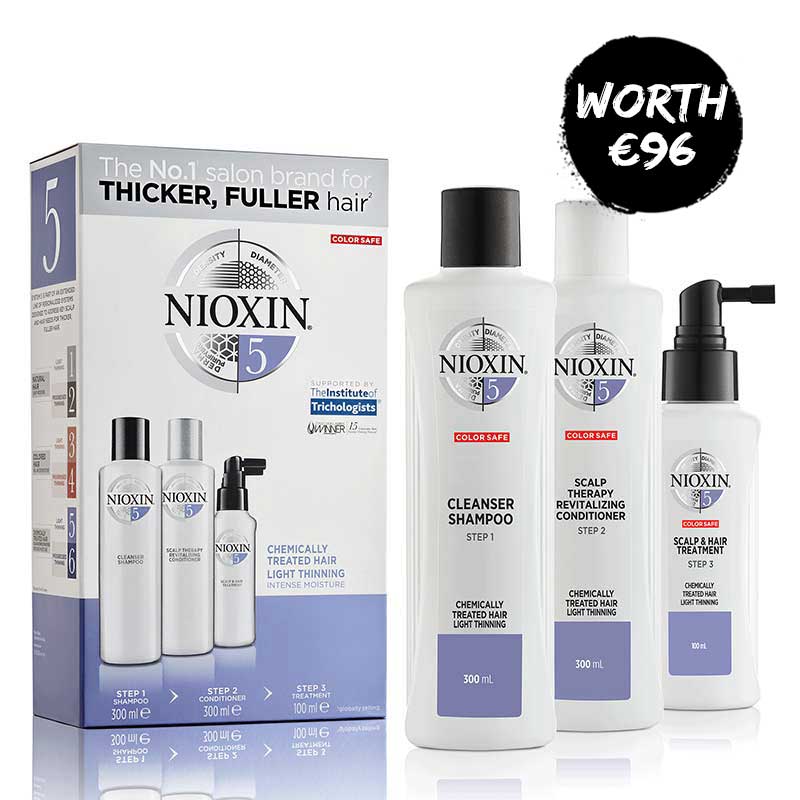 Nioxin | System 5 | Three Part | Loyalty Kit | chemically treated hair | light thinning | haircare routine | hair thickening Innovative | skincare-like approach | caring for the scalp feeling your best self 