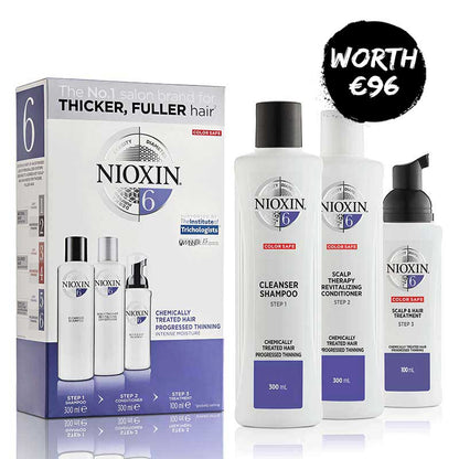Nioxin | System 6 | Three Part | Loyalty Kit | coloured hair | progressed thinning | intensive hair thickening | scalp | haircare | shampoo | conditioner | leave in treatment | texture | chemically treated hair | intense moisturising | protect | promote growth