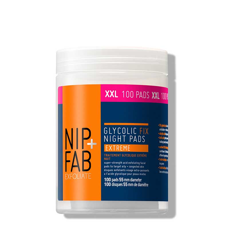 Nip + Fab Glycolic Fix Night Extreme XXL Pads | 100 Exfoliating Pads | glycolic acid | salicylic acid | lactic acid | hyaluronic acid | pre soaked pads