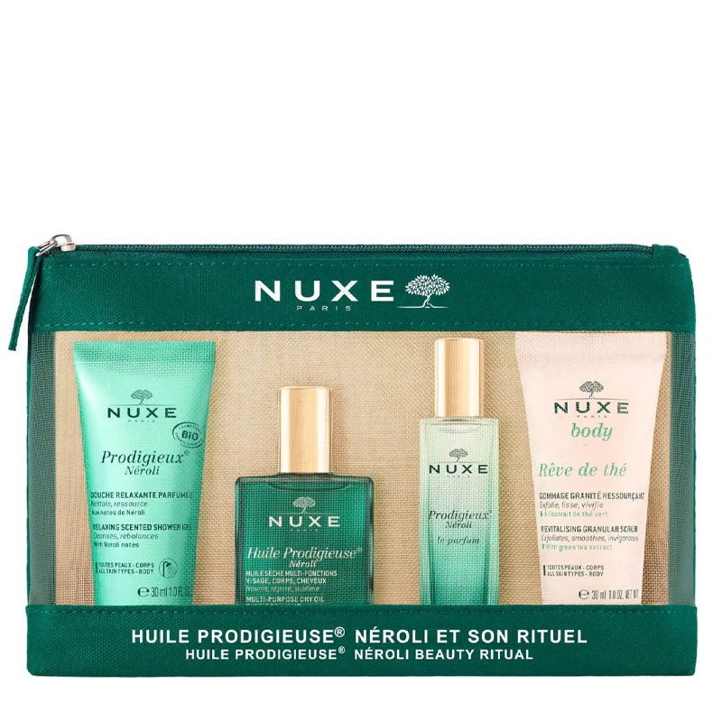 NUXE | Huile Prodigieuse Neroli Beauty Ritual Gift Set | Carefully Curated | Travel-Size Collection | Prodigieuse® Néroli | Prodigieux® Néroli Relaxing Scented Shower Gel | Prodigieux® Néroli Le Parfum | Rêve de Thé Revitalising Granular Scrub | Immerse Yourself | Tranquility | Luxurious Néroli Set