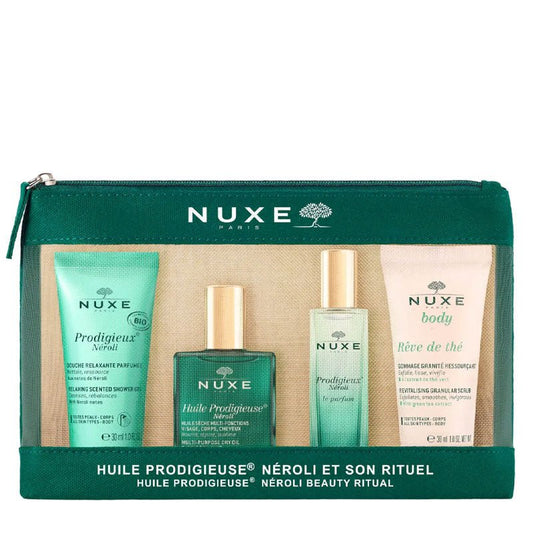 NUXE | Huile Prodigieuse Neroli Beauty Ritual Gift Set | Carefully Curated | Travel-Size Collection | Prodigieuse® Néroli | Prodigieux® Néroli Relaxing Scented Shower Gel | Prodigieux® Néroli Le Parfum | Rêve de Thé Revitalising Granular Scrub | Immerse Yourself | Tranquility | Luxurious Néroli Set