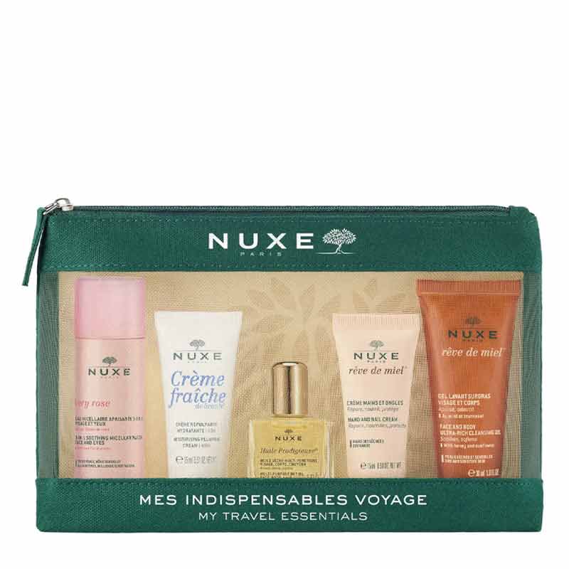 NUXE My Travel Essentials Kit | five piece set | NUXE favorites | skin nourished | fresh | on the go | cleanser | moisturizer | shower gel | multipurpose oil | handy travel bag | organized | skincare | traveling.