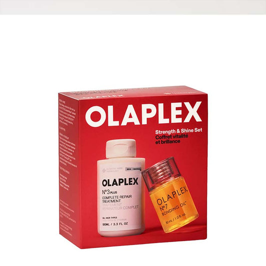 Olaplex Strength & Shine Set in a red box, featuring a white bottle of Olaplex No. 3 Hair Complete Repair Treatment and an amber bottle of Olaplex No.