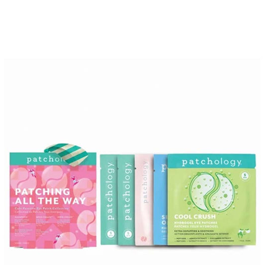 Patchology eye mask collection packaging on a white background, including a pink flamingo-themed gift bag and four individual boxes in teal, mint, pink, and light blue, with a green 'Cool Crush' box shown prominently.