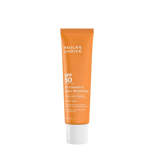 Paula's Choice | 5% Vitamin C Sheer Moisturiser SPF50 | facial moisturiser | skin treatment | SPF 50 sun protection | multi-benefit product | 5% vitamin C | acetyl zingerone | algae-derived amino acids | weightless formula | sheer formula | broad-spectrum SPF 50 | brightens skin | hydrates skin | no white-cast | all skin types | all skin tones | all skin shades | protects against sun damage | minimises discolouration | prevents dark spots