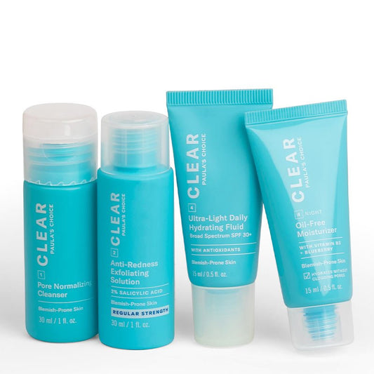 Paula's Choice Trial Kit Clear Regular Strength | pore normalising cleanser, anti redness exfoliating solution, ultra-light daily hydrating fluid, oil free moisturiser