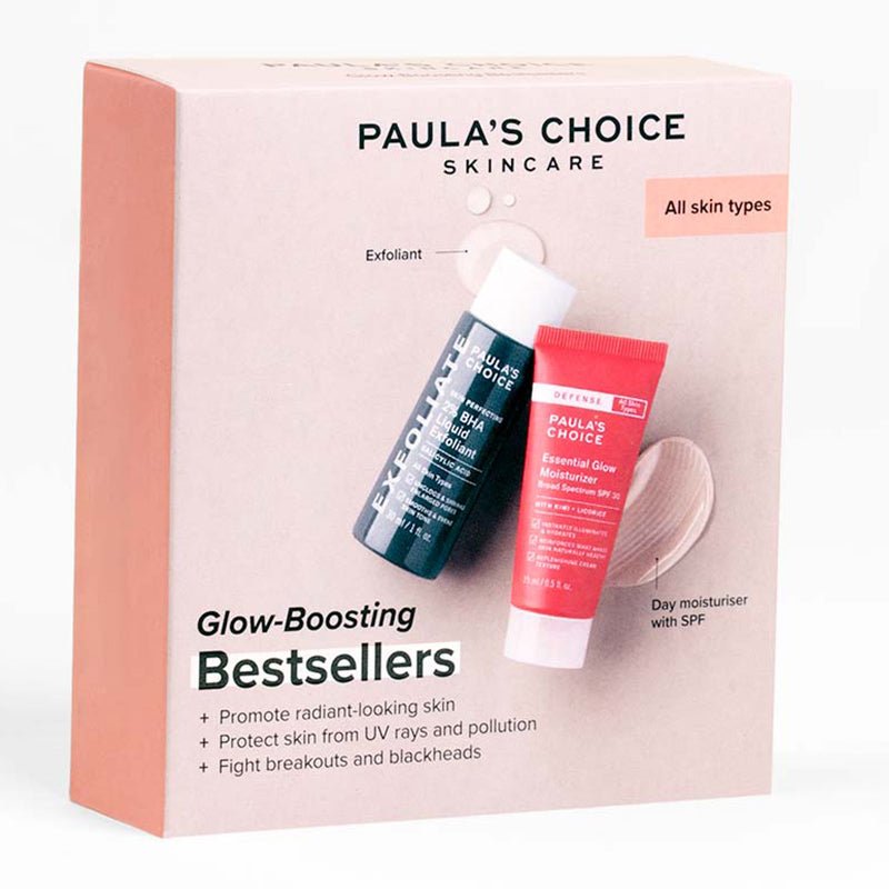Paula's Choice Glow Boosting Bestsellers Trial Kit | paula's choice 2% bha liquid exfoliant | paula's choice essential glow moisturiser | skincare gift