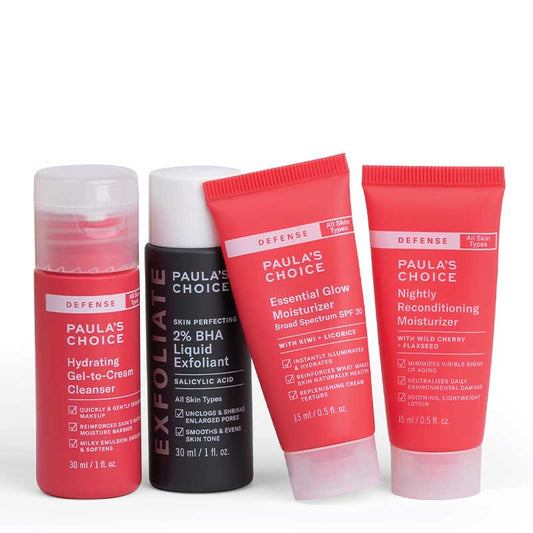 Hydrating Gel-to-Cream Cleanser 30ml 2% BHA Liquid Exfoliant 30ml Essential Glow Moisturizer 15ml Nightly Reconditioning Moisturiser 15ml