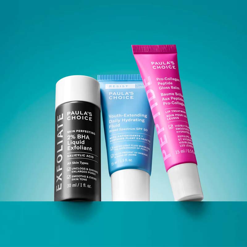 Paula's Choice The Iconic Trio Kit Three Products Included, 2% BHA Liquid Exfoliant, Youth-Extending Daily Hydrating Fluid And Pro-Collagen Peptide Gloss Lip Balm