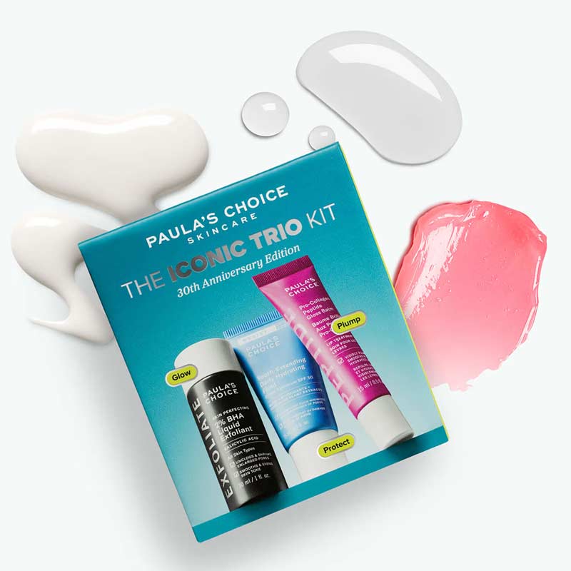 Paula's Choice The Iconic Trio Kit Box With Three Products Swatches Shown Around The Box