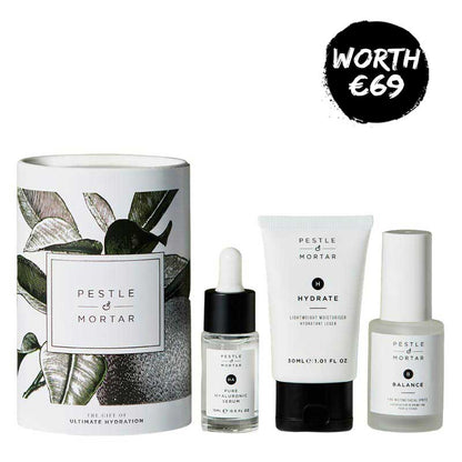Pestle & Mortar The Ultimate Hydration Kit | hyaluronic acid serum | facial mist | moisturiser | travel size | dry skin
