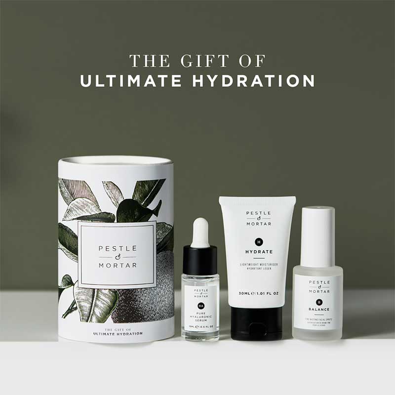 Pestle & Mortar The Ultimate Hydration Kit | hyaluronic acid serum | facial mist | moisturiser | travel size | dry skin