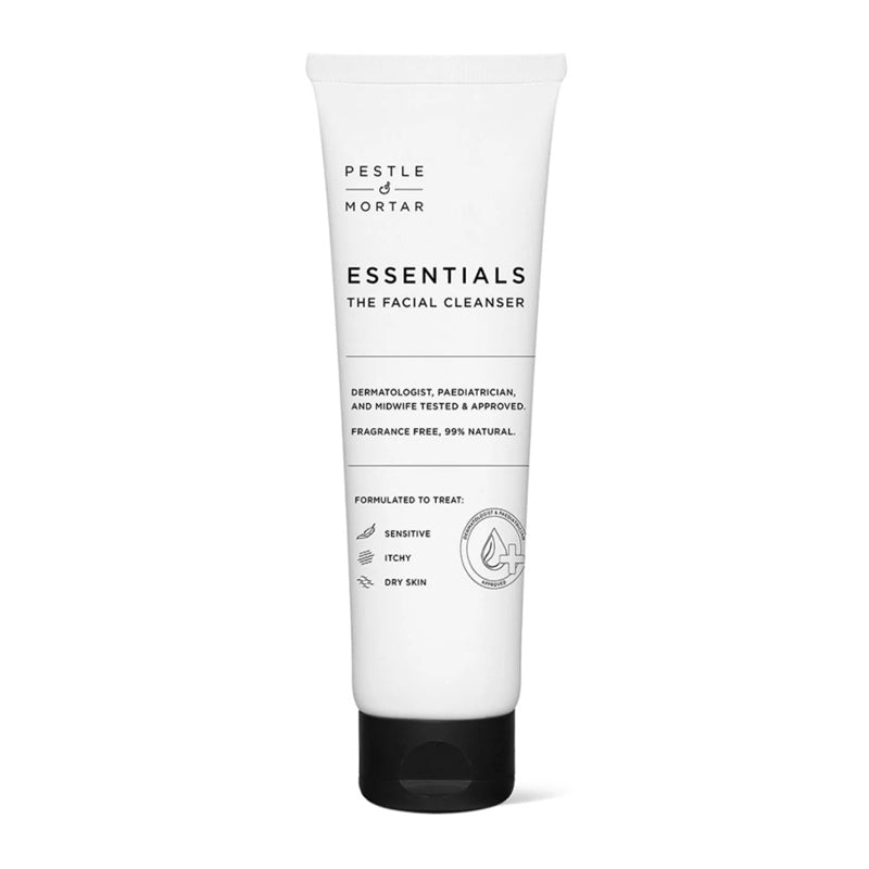 Pestle & Mortar Essentials: The Facial Cleanser | cleans | calms | skin | non-greasy formula | kindly | eliminates | impurities | softens skin | continual protection | against dryness | clean | comfortable | lightweight | facial | cleanser | gentle | soothing | suitable for all skin types | sensitive 