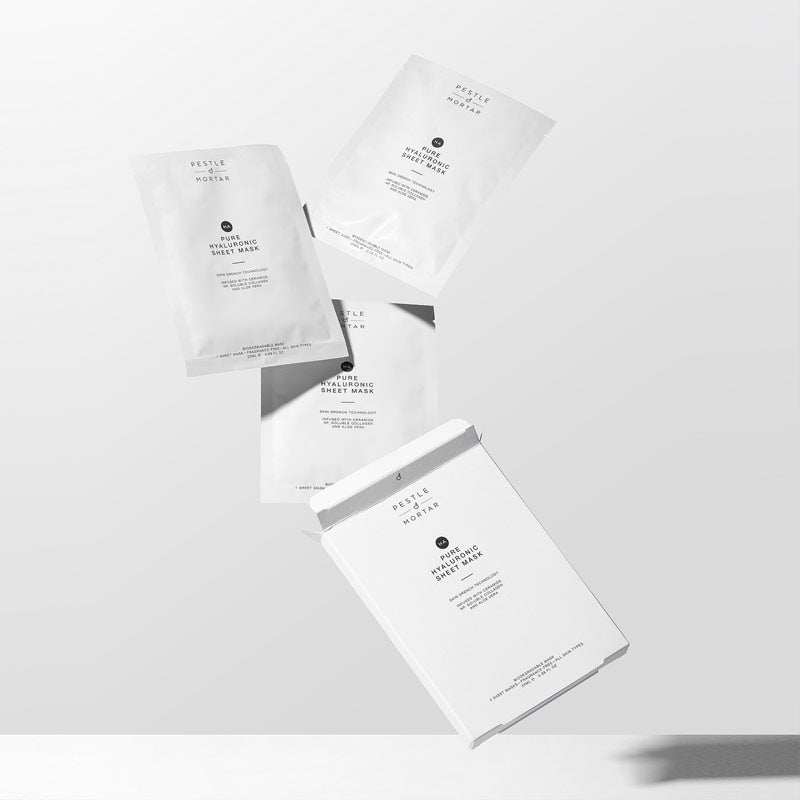 Pestle & Mortar Pure Hyaluronic Acid Sheet Mask Box and 3 sheet masks