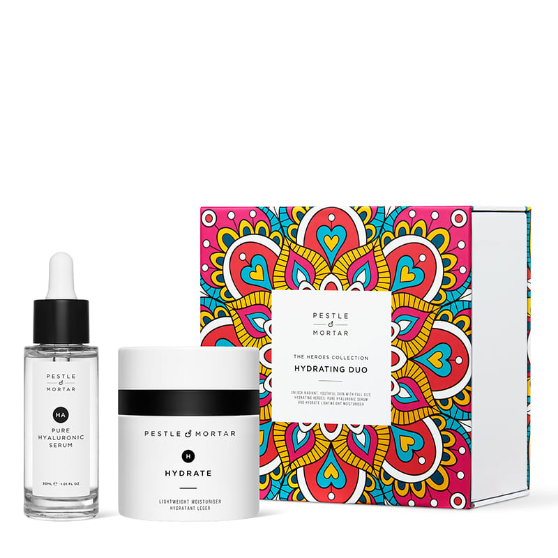 Pestle & Mortar The Heroes Collection: Hydrating Duo Gift Set luxurious gift set | flawless, well-hydrated skin | two full-sized skincare heroes | Pure Hyaluronic Serum | Hydrate lightweight moisturizer | holiday season | gifting.