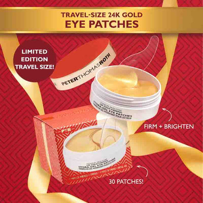 Peter Thomas Roth Travel Size 24K Gold Eye Patches shown in an open white jar with a clear patch, alongside its red and gold box and a detached red cap, on a red patterned background with gold ribbon graphics and promotional text.