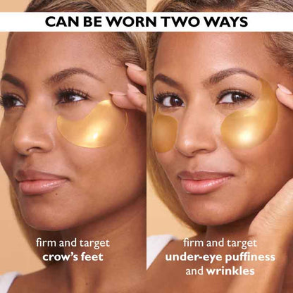 Two views of a woman wearing gold eye patches with text indicating their use.