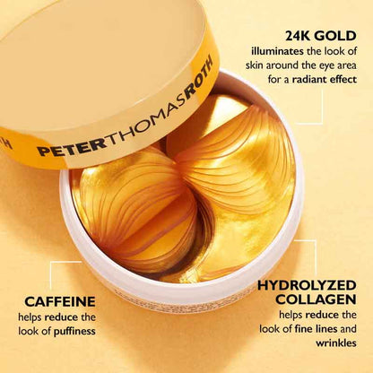 Peter Thomas Roth eye mask patches in a white round container with a gold lid, shown on a warm beige background with text callouts about 24K gold, caffeine, and hydrolyzed collagen.