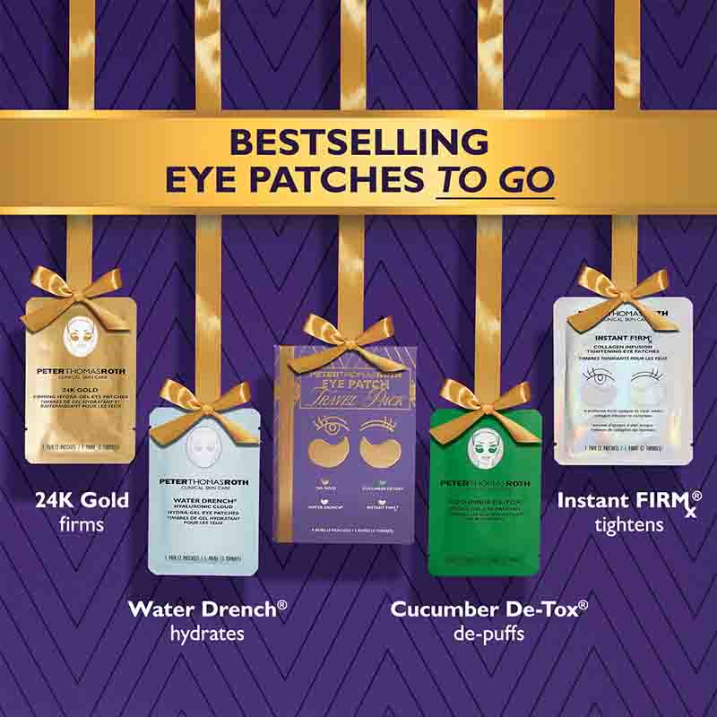 Promotional graphic for Peter Thomas Roth Eye Patches To Go, showing four different eye patch sachets hanging from gold ribbons against a purple patterned background. The products include 24K Gold firms, Water Drench hydrates, Cucumber De-Tox de-puffs, and Instant FIRM tighten.