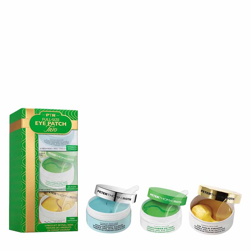 Peter Thomas Roth Full Size Eye Patch Trio set, featuring the green and gold retail box alongside three individual eye cream jars with blue, green, and yellow creams visible inside, on a plain white background.