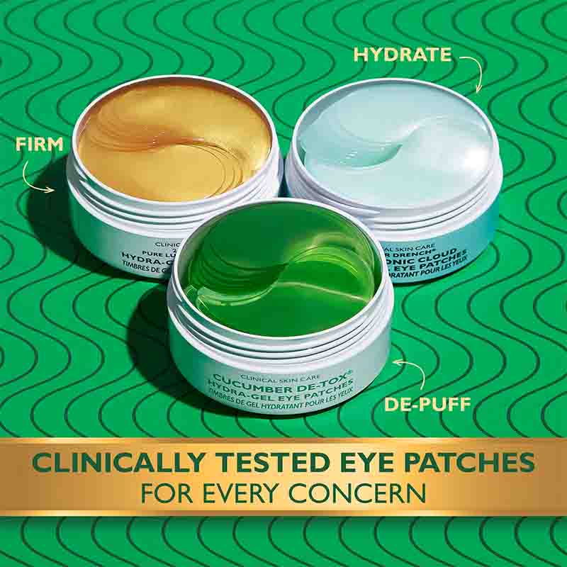 Three open jars of eye patches arranged on a green patterned background with callout labels: FIRM around a gold patch, HYDRATE around a pale blue patch, and DE-PUFF around a bright green patch. Text at the bottom reads 'CLINICALLY TESTED EYE PATCHES FOR EVERY CONCERN.