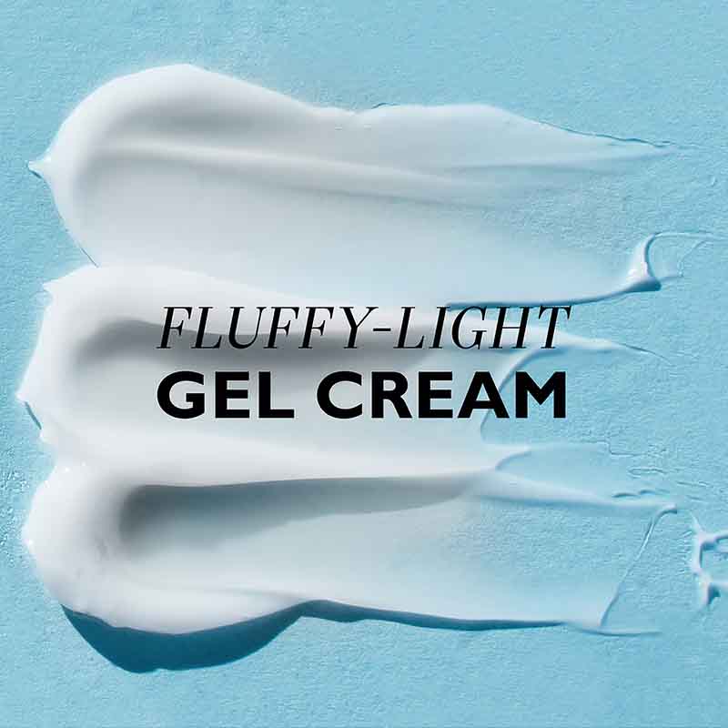 Three swatches of fluffy light gel cream on a textured light blue background, with the text 'FLUFFY-LIGHT GEL CREAM' in black serif font across the center.