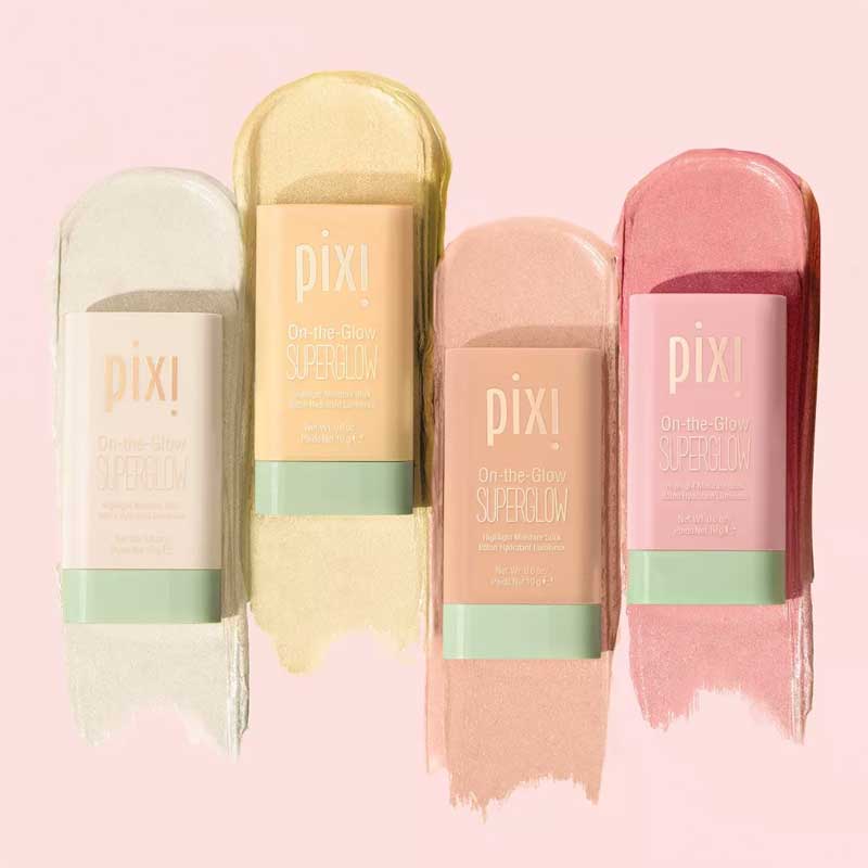PIXI On-the-Glow SuperGlow | Hydrating solid balm highlighter | Formulated with Ginseng, Aloe Vera, Fruit Extracts | Provides natural highlight | Nourishes skin | Swatches | Shade Range