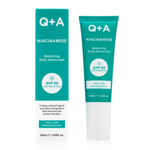 Q+A Niacinamide Balancing Face Sunscreen | SPF 50 | Lightweight | Non-greasy | Broad Spectrum | Daily Sunscreen | UVA | UVB Rays | Enhanced with Niacinamide | Hybrid Formula | Protects Against Sun Damage | Regulates Oiliness | Refines Pore Size | Controls Blemishes