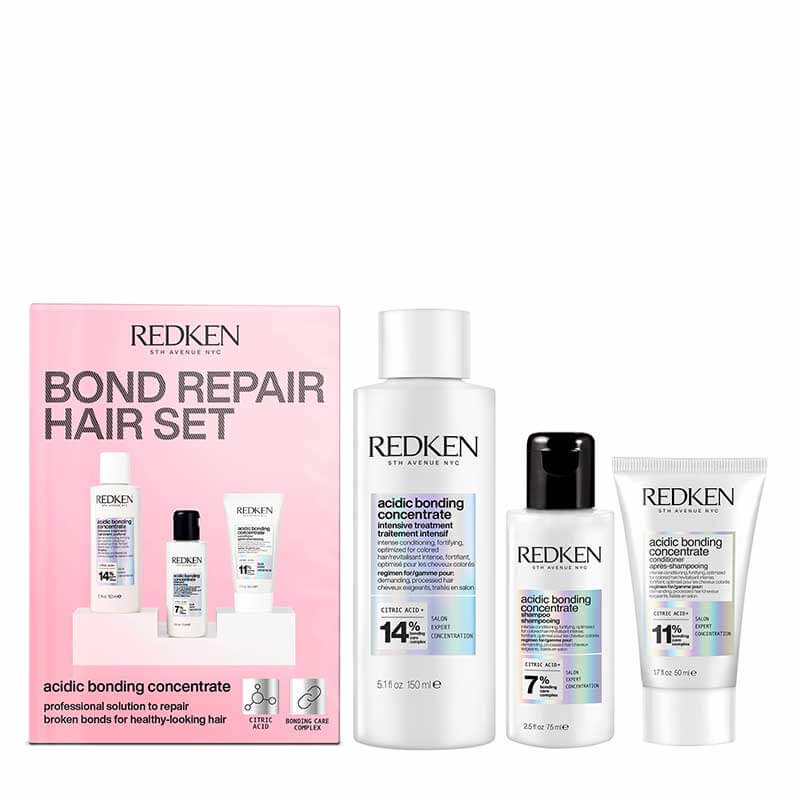 Redken, bond repair hair set, acidic bonding concentrate, shampoo for damaged hair