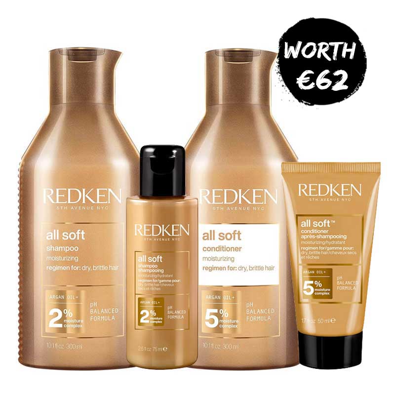 Redken All Soft Home and Away Bundle | Includes full-size All Soft shampoo and conditioner | Matching minis for on-the-go travel plans