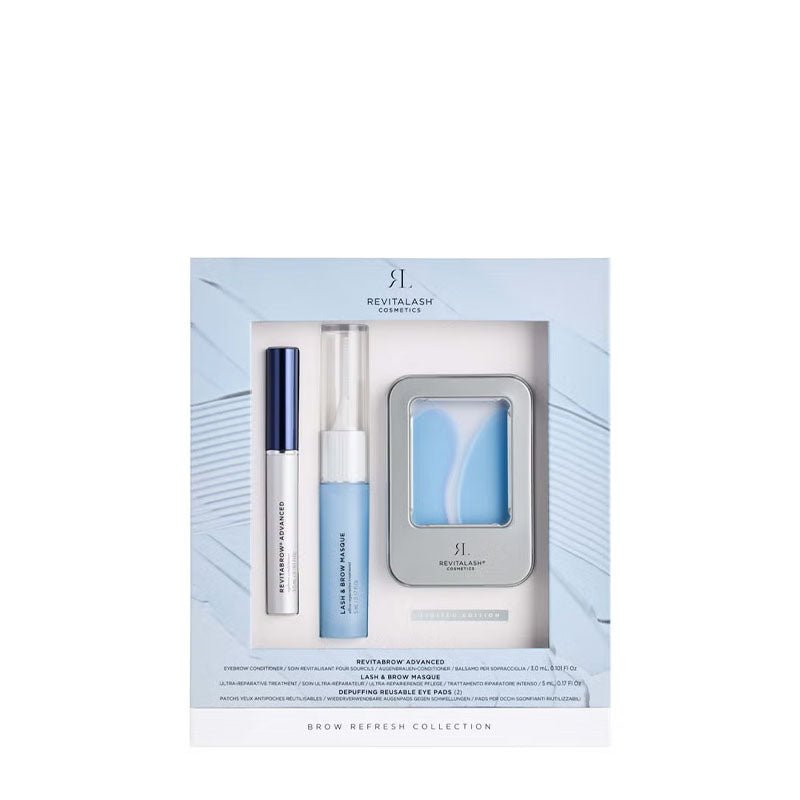 Revitalash Brow Refresh Collection product image white background light blue box with clear window showing products