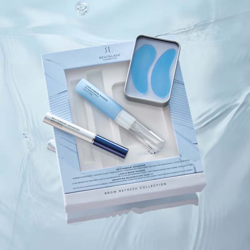 Revitalash Brow Refresh Collection Image on blue water background luxury packaging and a strong light blue shade across