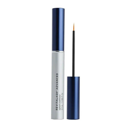 Revitalash Advanced eyelash serum in a silver and navy blue tube, shown with the cap removed and the applicator wand standing beside it on a white background.