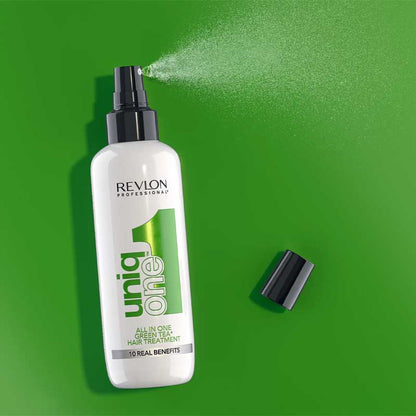 Revlon Professional Uniq 1 All In One Hair Treatment | Green Tea fragrance | Leave-in treatment | 10 real benefits | Salon favorite | Professional results | Wet and dry hair | Anytime, anywhere.