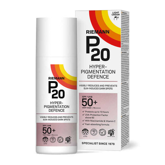 Riemann P20 Hyperpigmentation Defence SPF 50+ | reduces sun-induced dark spots | Niacinamide and Vitamin C | Fast-absorbing formula | up to 10 hours of sun protection | Clinically proven to reduce hyperpigmentation in 8 weeks | Dermatologically tested for sensitive skin | Suitable for all skin types | Water-resistant, non-comedogenic, and fragrance-free