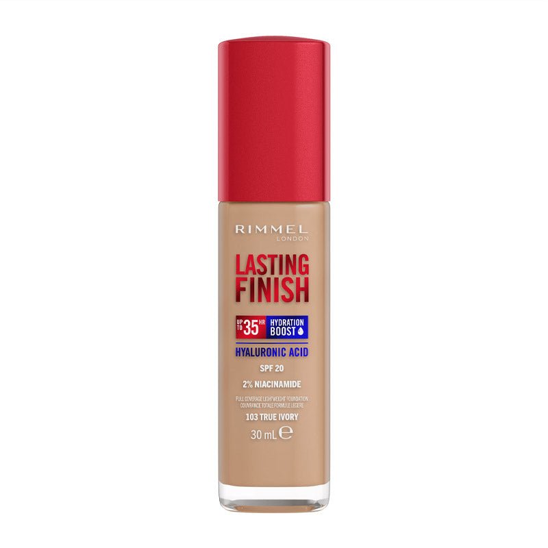 Rimmel London Lasting Finish 35 Hour Foundation | 103 true ivory | neutral undertone | full coverage | liquid foundation | easy | blendable | blend | long wear | unbeatable 