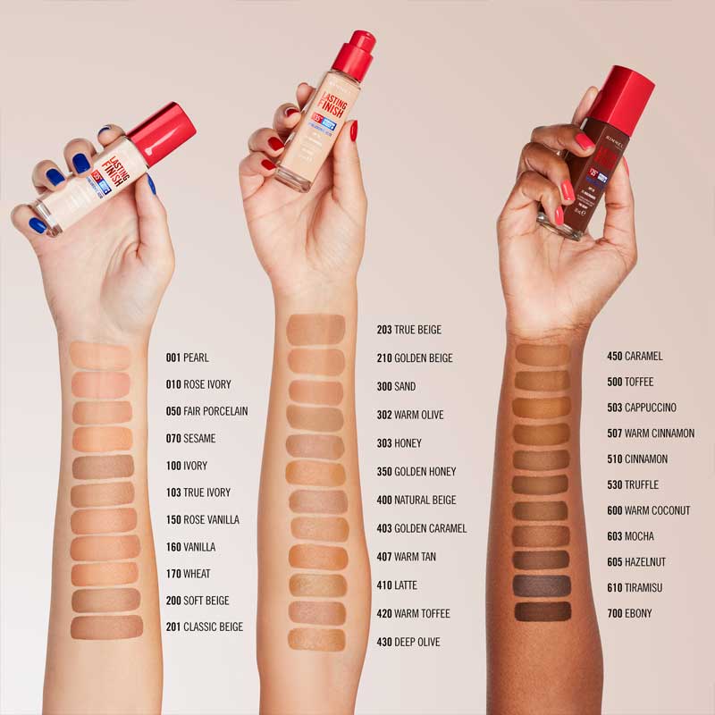 Rimmel London Lasting Finish 35 Hour Foundation | makeup | skin | colour | swatches | range | variety | long wear | skin tone | light | tan | dark | warm | neutral | cool | tones | day | night 
