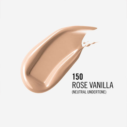 Rimmel London Lasting Finish 35 Hour Foundation | 150 rose vanilla | neutral undertone | swatch | hyaluronic acid | niacinamide | vitamin E | cruelty free | vegan
