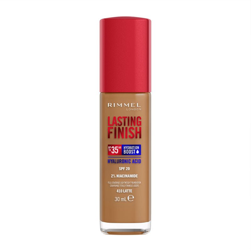 Rimmel London Lasting Finish 35 Hour Foundation | 410 latte | warm undertone | full coverage | liquid foundation | easy | blendable | blend | long wear | unbeatable 