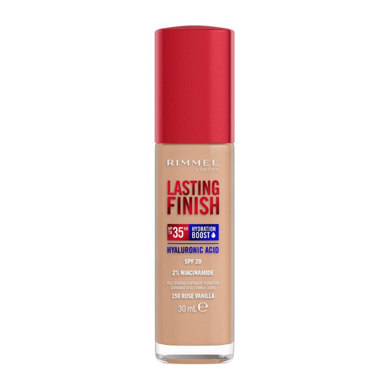 Rimmel London Lasting Finish 35 Hour Foundation | 150 rose vanilla | neutral undertone | full coverage | liquid foundation | easy | blendable | blend | long wear | unbeatable 