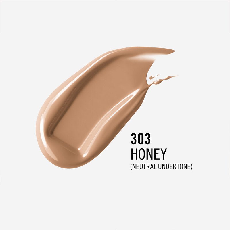 Rimmel London Lasting Finish 35 Hour Foundation | 303 honey | neutral undertone | swatch | hyaluronic acid | niacinamide | vitamin E | cruelty free | vegan