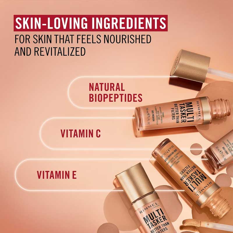 Rimmel London Multi-Tasker Better Than Filters | 3-in-1 primer, glow booster, highlighter | Skin-loving ingredients | Nourished | Revitalised | Natural Biopeptides | Vitamins C & E 