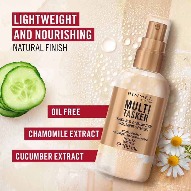 Rimmel London, setting spray, multitasker primer mist setting spray, lightweight setting spray, oil free setting spray, chamomile extract, cucumber extract