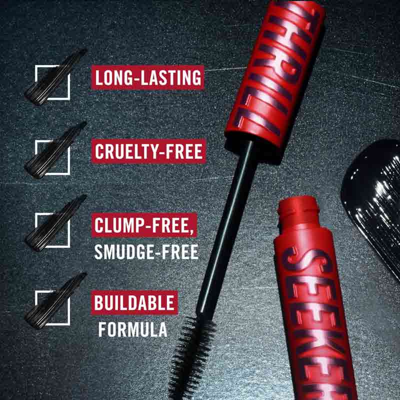 Rimmel Thrill Seeker Extreme Volume Mascara Infographic, volumising mascara with no clump and smudge