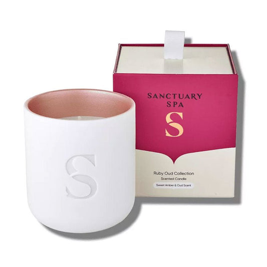 Sanctuary Ruby Oud Collection Scented Candle | fragrant woods | amber | opulent | candles | burns | 45 hours | natural | shea wax | cruelty-free | vegan